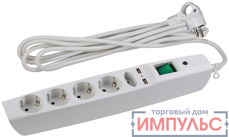 Удлинитель с сетевым фильтром 5х2м с заземл. 10А IP20 SFU-5es-2m-W 5гн+2хUSB защ. шторки с выкл. ПВС 3х0.75 бел. ЭРА C0043327