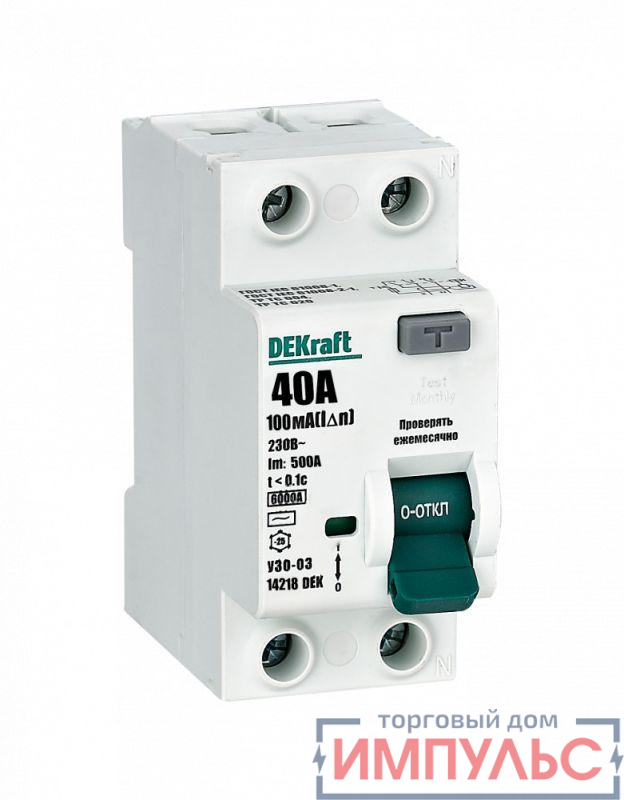 Выключатель дифференциального тока (УЗО) 2п 40А 100мА тип AC 6кА УЗО-03 DEKraft 14218DEK