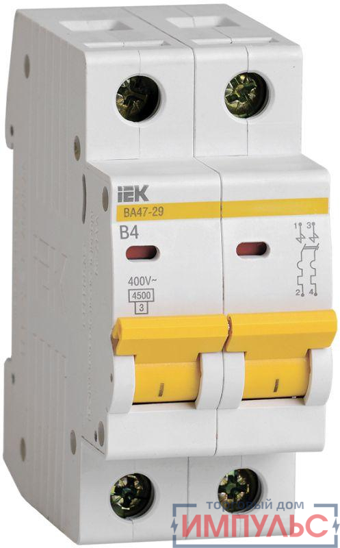 Выключатель автоматический модульный 2п B 4А 4.5кА ВА47-29 KARAT IEK MVA20-2-004-B