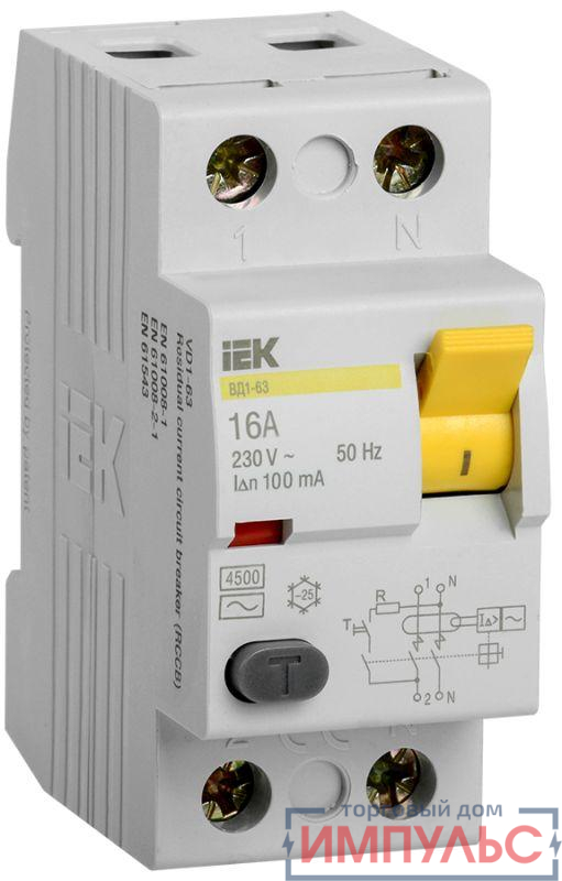 Выключатель дифференциального тока (УЗО) 2п 16А 100мА тип AC ВД1-63 IEK MDV10-2-016-100