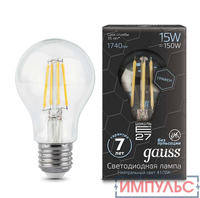 Лампа светодиодная Black Filament Graphene A60 15Вт 4100К E27 Gauss 102802215