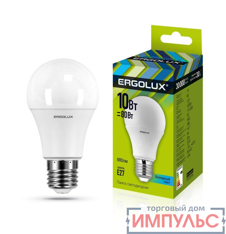 Лампа светодиодная LED-A60-10W-E27-4500K грушевидная ЛОН 172-265В Ergolux 12149