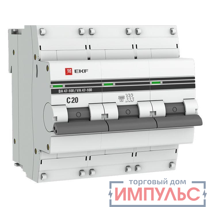 Выключатель автоматический модульный 3п C 20А 10кА ВА 47-100 PROxima EKF mcb47100-3-20C-pro 0