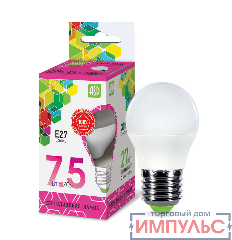 Лампа светодиодная LED-ШАР-standard 7.5Вт 230В E27 6500К 675Лм ASD 4690612019154