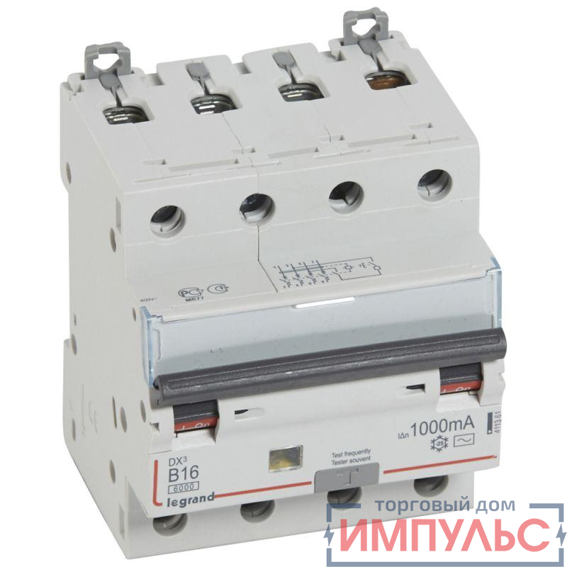 Выключатель автоматический дифференциального тока 4п B 16А 1000мА тип AC 10кА DX3 Leg 411361