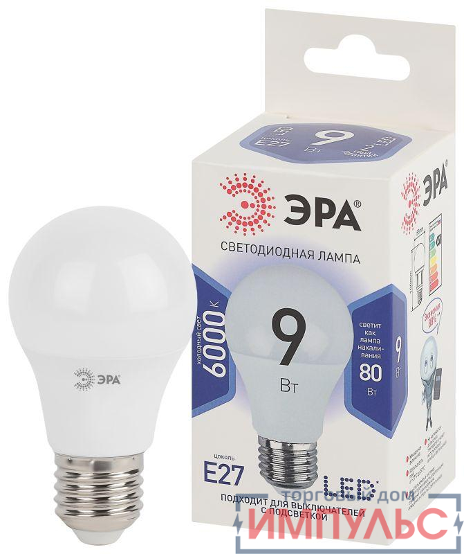 Лампа светодиодная LED A60-9W-860-E27 A60 9Вт груша E27 холод. бел. ЭРА Б0032248