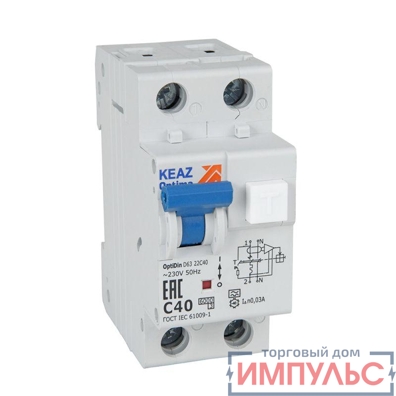 Выключатель автоматический дифференциального тока 2п C 6А 10мА тип A 6кА OptiDin D63-21C6-A У3 КЭАЗ 333140