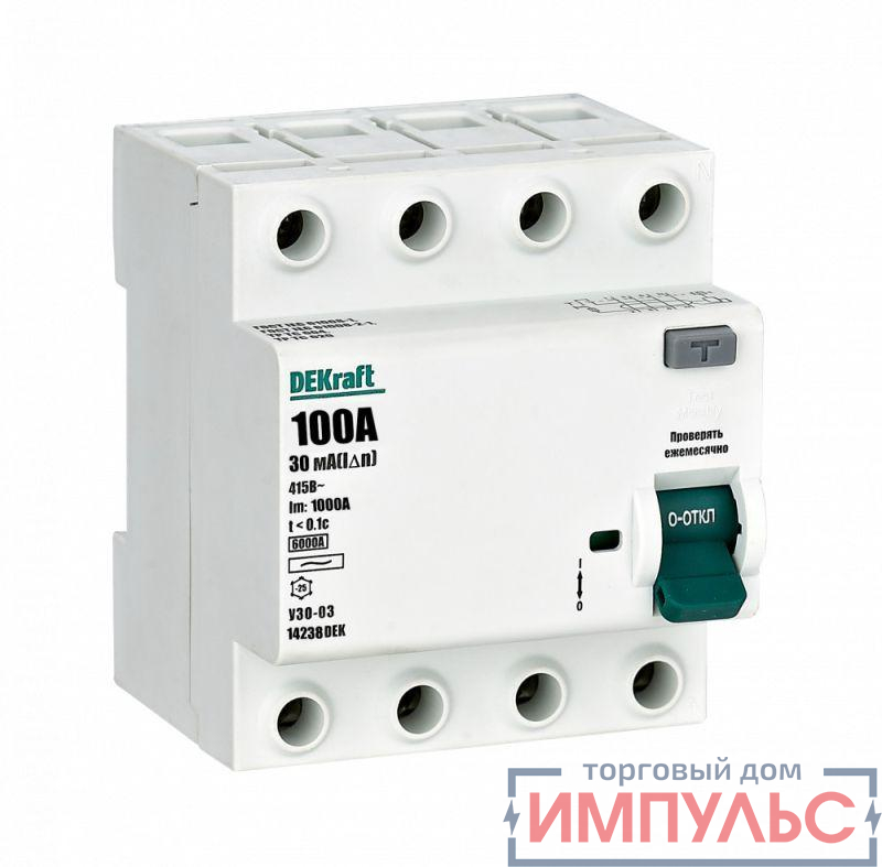 Выключатель дифференциального тока (УЗО) 4п 100А 30мА тип AC 6кА УЗО-03 DEKraft 14238DEK