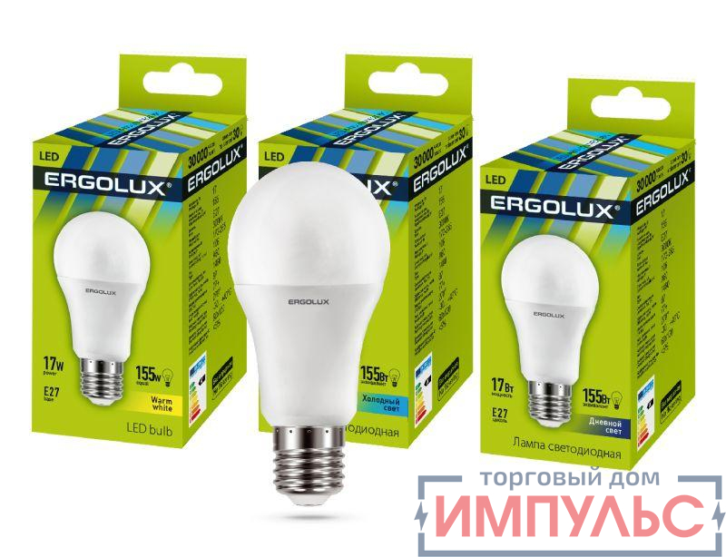 Лампа светодиодная LED-A60-17W-E27-6К ЛОН 17Вт грушевидная E27 6500К 172-265В Ergolux 13181