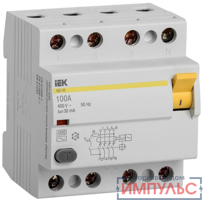 Выключатель дифференциального тока (УЗО) 4п 100А 30мА тип AC ВД1-63 ИЭК MDV10-4-100-030