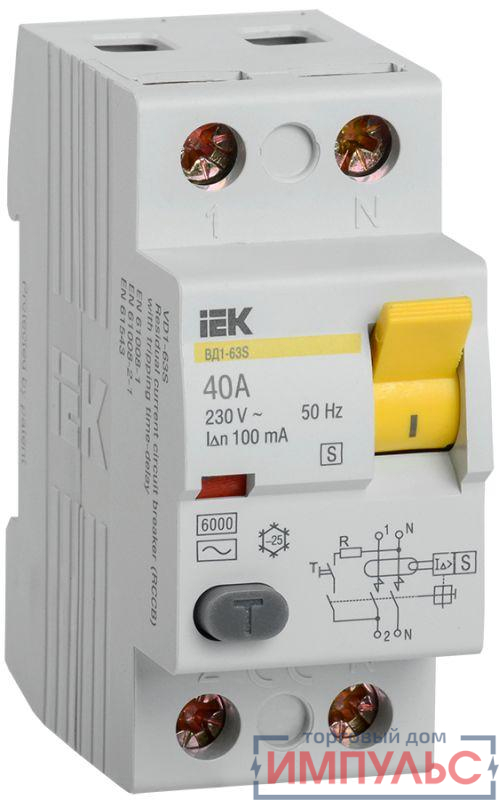Выключатель дифференциального тока (УЗО) 2п 40А 100мА тип ACS ВД1-63S IEK MDV12-2-040-100