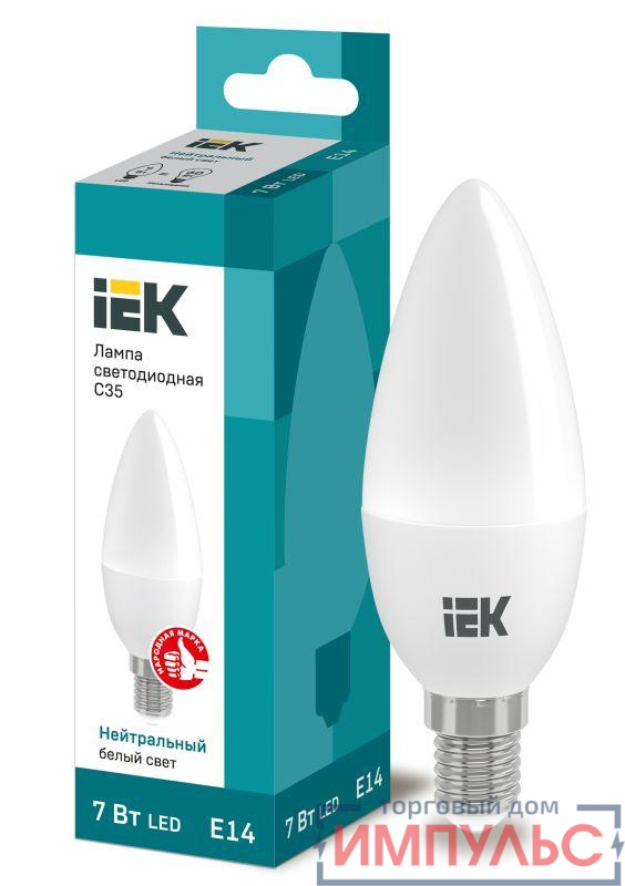 Лампа светодиодная Eco 7Вт C35 свеча 4000К нейтр. бел. E14 230В IEK LLE-C35-7-230-40-E14