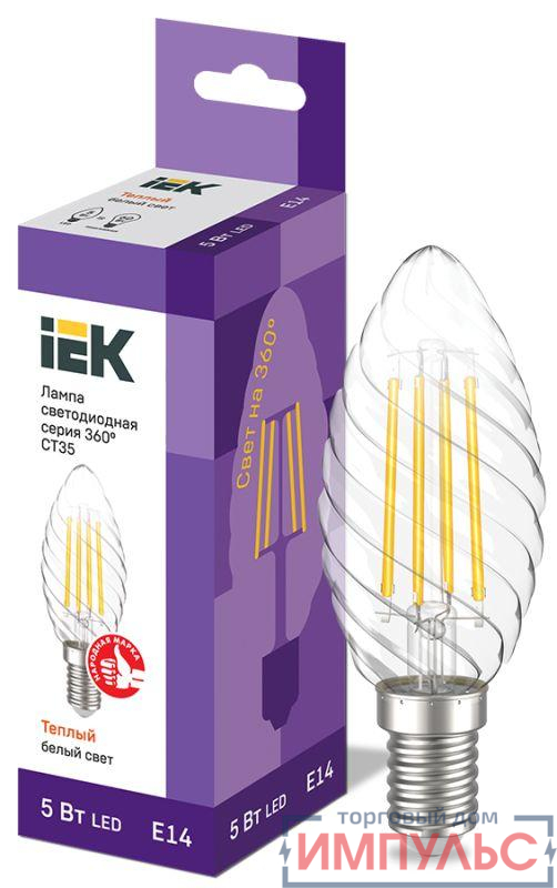 Лампа светодиодная филаментная 360° 5Вт CT35 свеча витая 3000К E14 230В IEK LLF-CT35-5-230-30-E14-CL