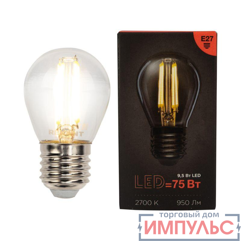 Лампа филаментная Шарик GL45 9.5Вт 950лм 2700К E27 прозр. колба Rexant 604-131