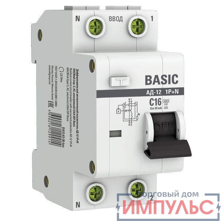 Выключатель автоматический дифференциального тока 2п (1P+N) C 16А 30мА тип AC 4.5кА АД-12 Basic EKF DA12-16-30-bas