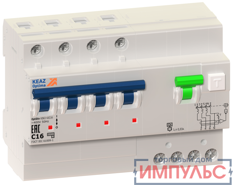 Выключатель автоматический дифференциального тока 4п C 16А 100мА тип A 6кА OptiDin VD63 УХЛ4 КЭАЗ 103484