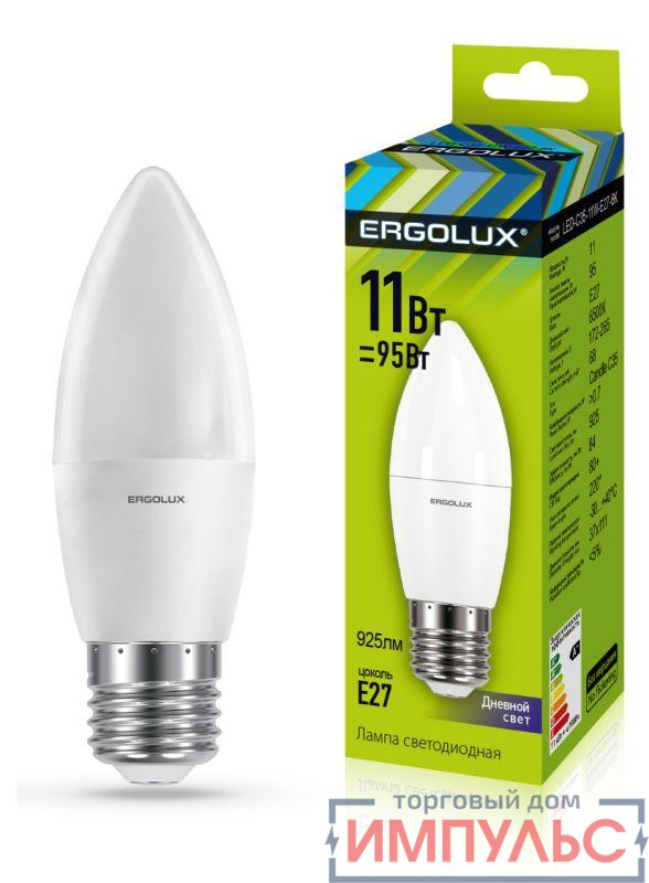 Лампа светодиодная LED-C35-11W-E27-6K Свеча 11Вт E27 6500К 172-265В Ergolux 13623