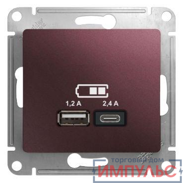 Розетка USB Glossa тип A+C 5В/2.4А 2х5В/1.2А механизм баклажан. SE GSL001139