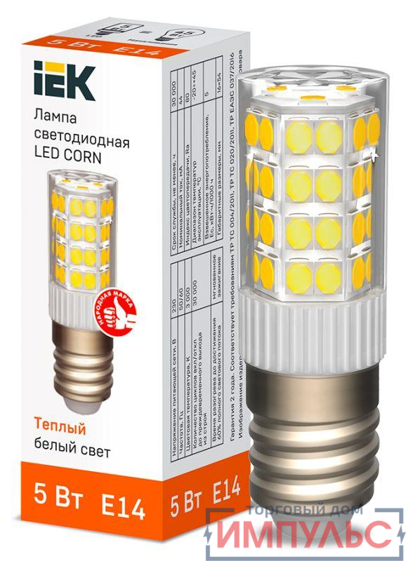Лампа светодиодная CORN 5Вт капсула 3000К E14 230В керамика IEK LLE-CORN-5-230-30-E14