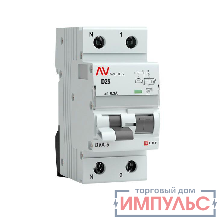 Выключатель автоматический дифференциального тока 2п (1P+N) D 25А 300мА тип AC 6кА DVA-6 Averes EKF rcbo6-1pn-25D-300-ac-av