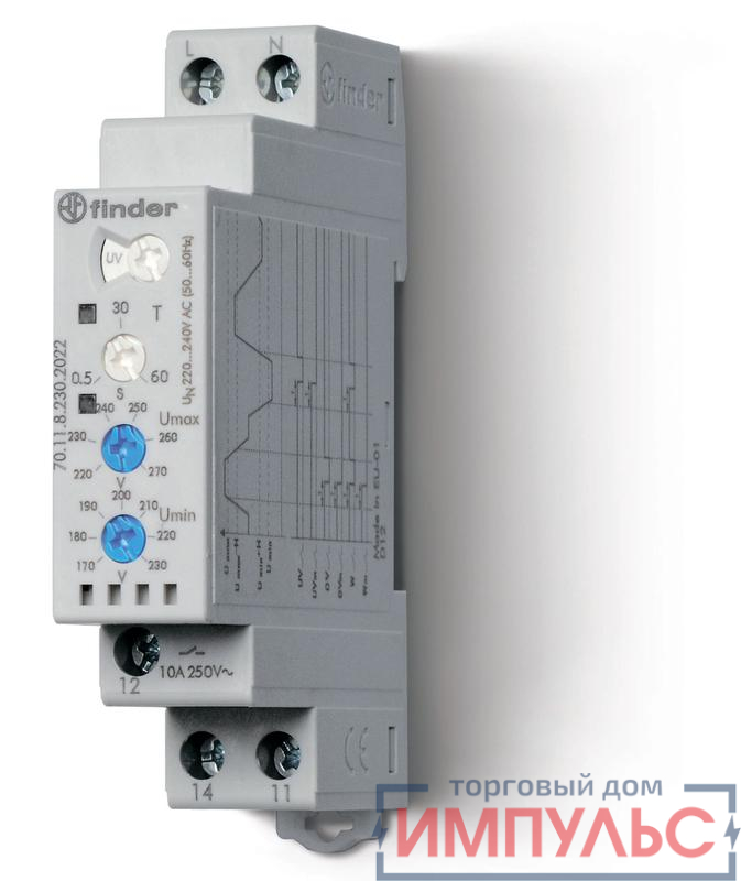 Реле контрольное для 1-фазных сетей пониженное/повышенное напряжение настраиваемые диапазоны выход 1CO 10А модул. шир. 17.5мм FINDER 701182302022