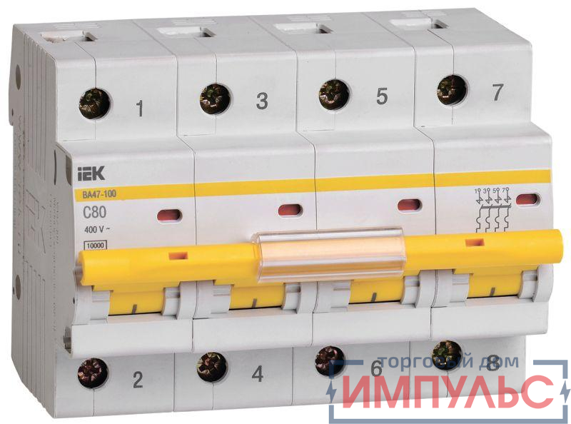 Выключатель автоматический модульный 4п C 80А 10кА ВА47-100 KARAT IEK MVA40-4-080-C