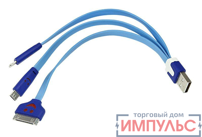 Кабель USB Lightning/30pin/micro USB/PVC/flat/blue/0.15m 3 в 1 Rexant 18-4255