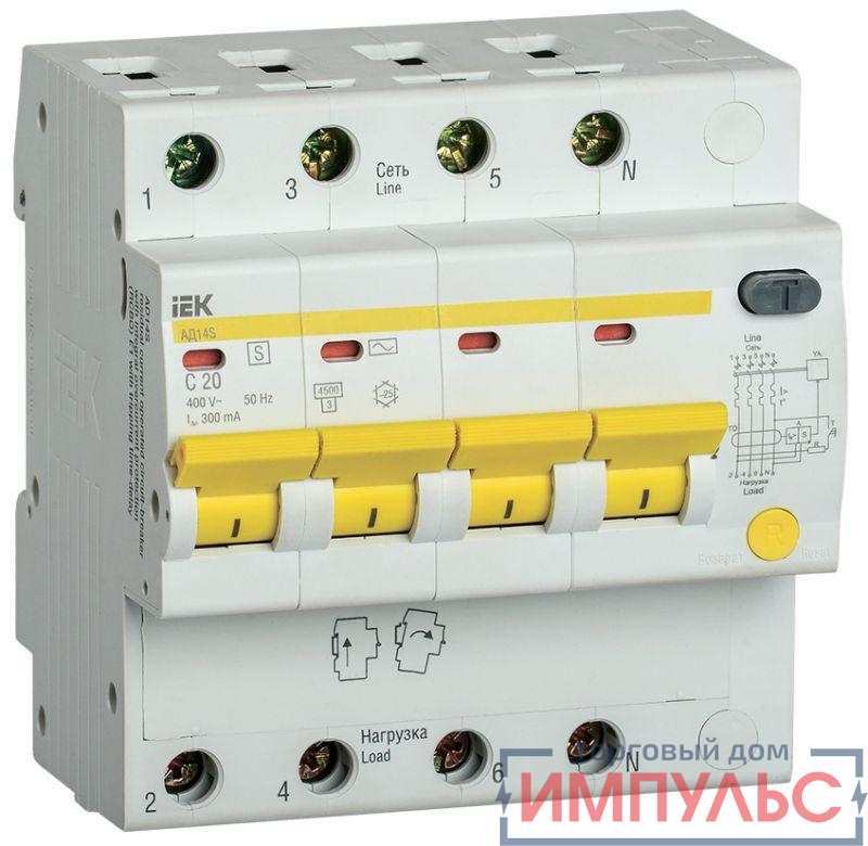 Выключатель автоматический дифференциального тока селективный 4п 20А 300мА тип AC АД14S IEK MAD13-4-020-C-300