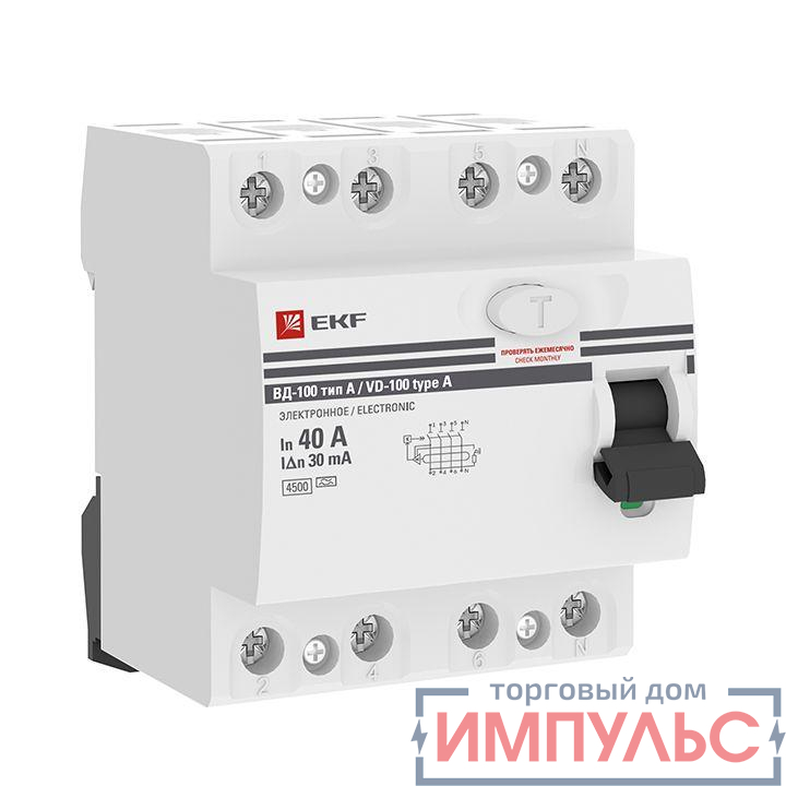 Выключатель дифференциального тока (УЗО) 4п 40А 30мА тип A ВД-100 электрон.PROxima EKF elcb-4-40-30-e-a-pro