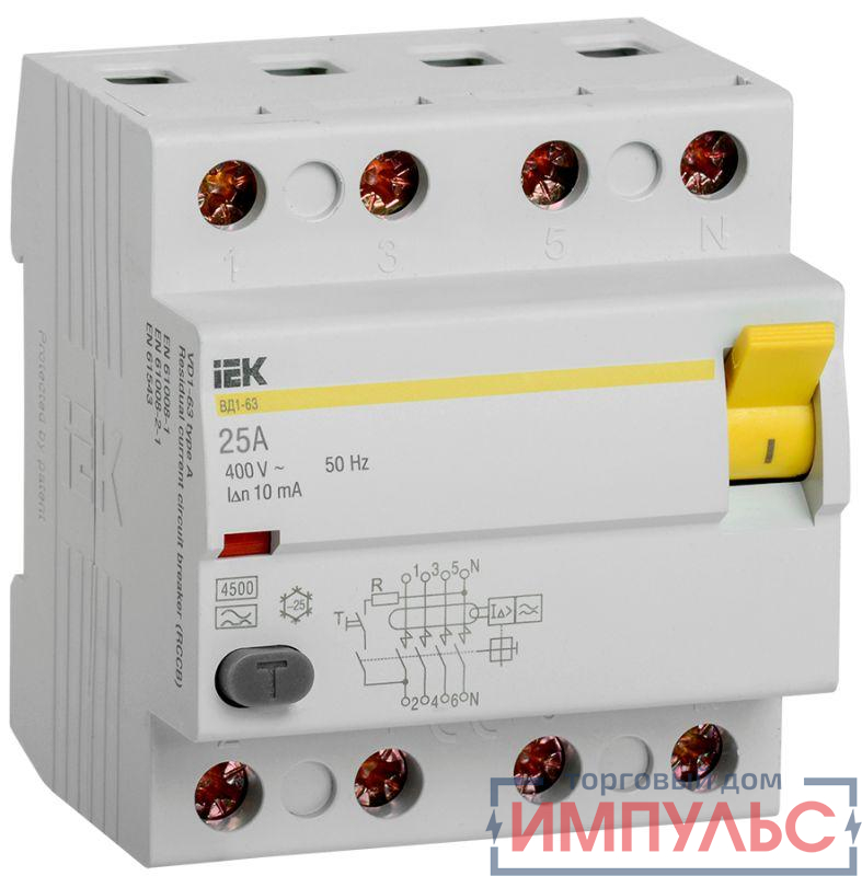 Выключатель дифференциального тока (УЗО) 4п 25А 10мА тип A ВД1-63 IEK MDV11-4-025-010