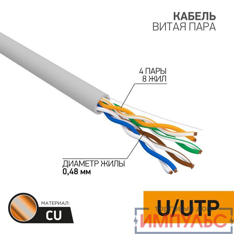 Кабель витая пара U/UTP кат.5E 4х2х24AWG CU медь 100МГц PVC сер. (уп.50м) PROCONNECT 01-0052-50