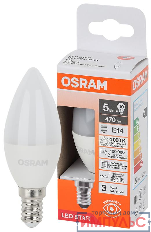 Лампа светодиодная LED Star 5Вт свеча 4000К E14 470лм (замена 40Вт) OSRAM 4058075696082