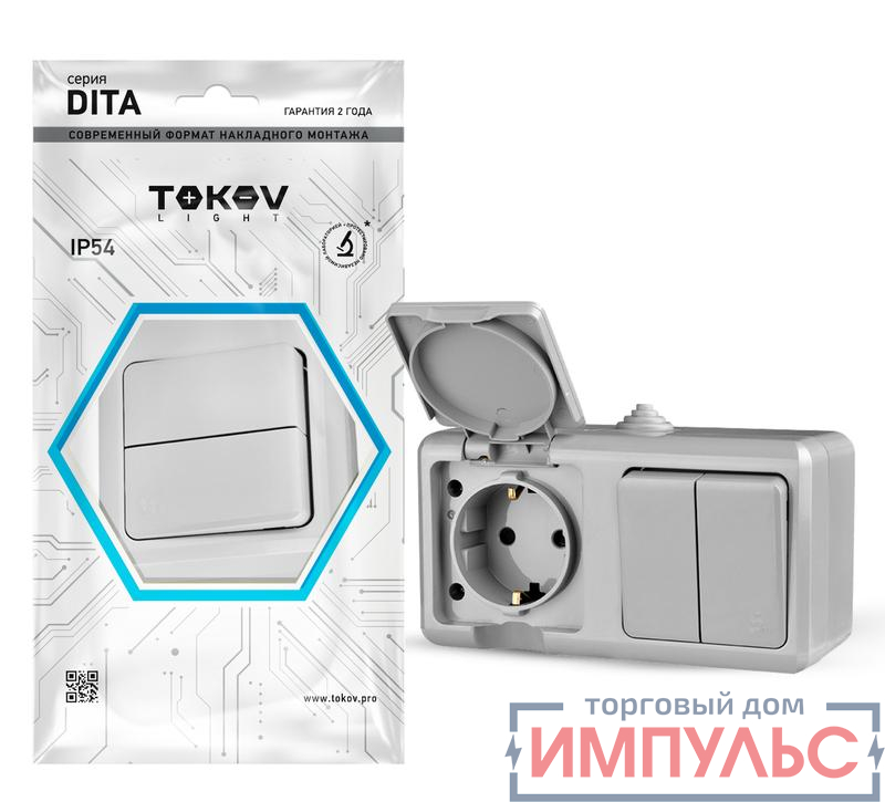 Блок ОП Dita (розетка 16А 250В с заземл. + 2-кл. выкл. 10А) IP54 сер. TOKOV ELECTRIC TKL-DT-V2RZ-C06-IP54