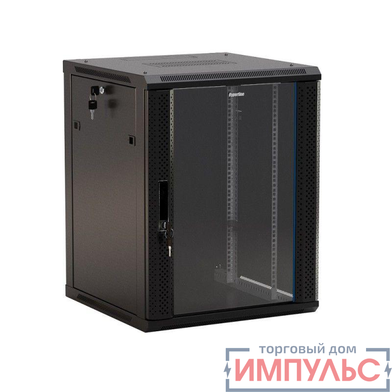 Шкаф настенный TWB-1545-GP-RAL9004 19дюйм 15U 775х600х450мм стеклян. дверь с перфорацией по бокам ручка с замком черн. (RAL 9004) (разобранный) Hyperline 392639