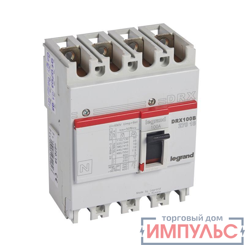 Выключатель автоматический 4п 100А 10кА DRX125 термомагнитн. расцеп. Leg 027018