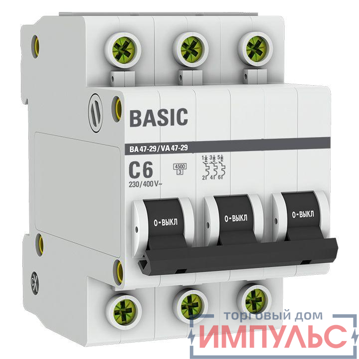 Выключатель автоматический модульный 3п C 6А 4.5кА ВА 47-29 Basic EKF mcb4729-3-06C