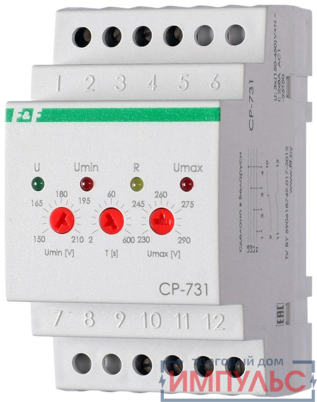 Реле напряжения CP-731 (трехфазный; микропроцессорный; контроль верхнего и нижнего значений напряжения; контроль асимметрии; чередования фаз; монтаж на DIN-рейке 35мм 3х400/230+N 2х8А 1Z 1R IP20) F&F EA04.009.005