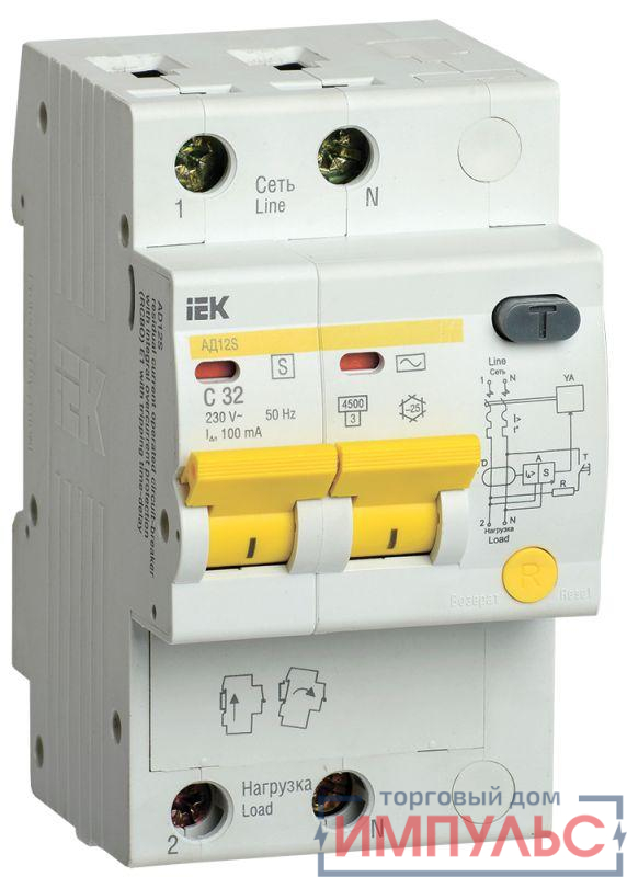 Выключатель автоматический дифференциального тока селективный 2п 32А 100мА тип AC АД12S IEK MAD13-2-032-C-100