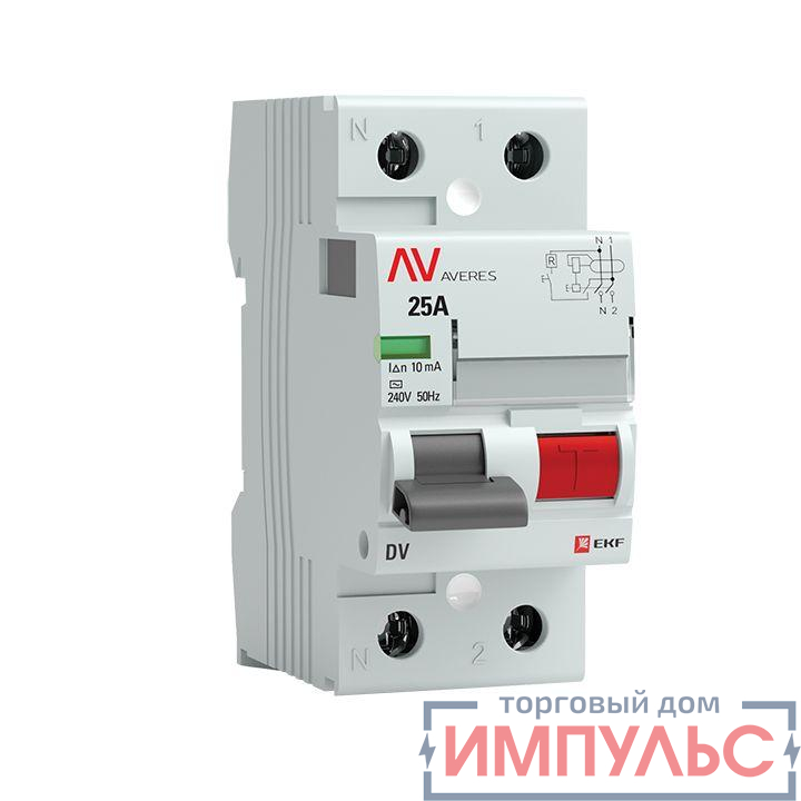 Выключатель дифференциального тока (УЗО) 2P 25А 10мА тип AC DV AVERES EKF rccb-2-25-10-ac-av