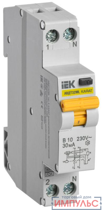Выключатель автоматический дифференциального тока В 10А 30мА тип A АВДТ32ML KARAT IEK MVD12-1-010-B-030-A