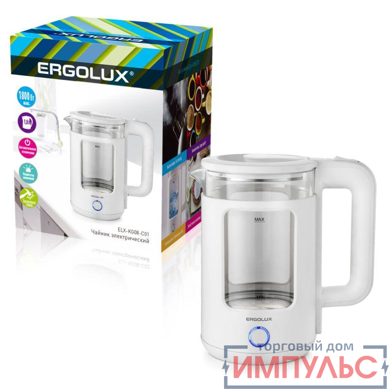 Чайник электрический ELX-KG08-C01 стекло/пластик 1.8л 220-240В 1800Вт бел. ERGOLUX 15334