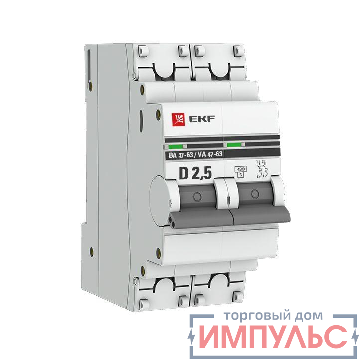 Выключатель автоматический модульный 2п D 2.5А 4.5кА ВА 47-63 PROxima EKF mcb4763-2-2.5D-pro 0