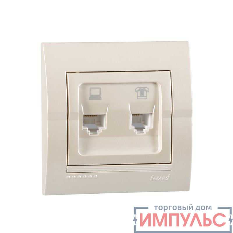 Розетка компьютерная + телефонная 2-м СП Deriy RJ45 + RJ11 IP20 жемчуж./бел. метал. LEZARD 702-3030-143