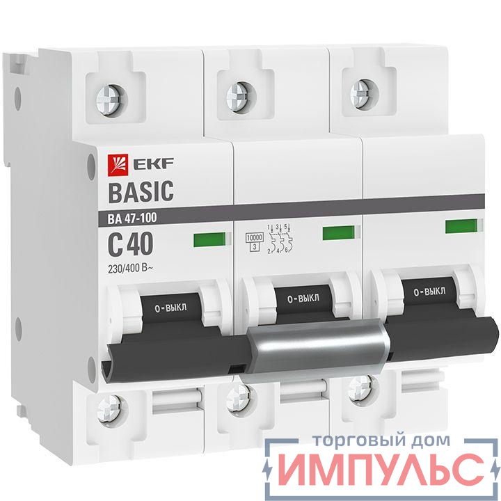Выключатель автоматический модульный 3п C 40А 10кА ВА 47-100 Basic EKF mcb47100-3-40C-bas 0