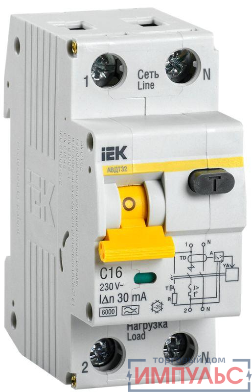 Выключатель автоматический дифференциального тока 2п (1P+N) C 16А 30мА тип A 6кА АВДТ-32 IEK MAD22-5-016-C-30