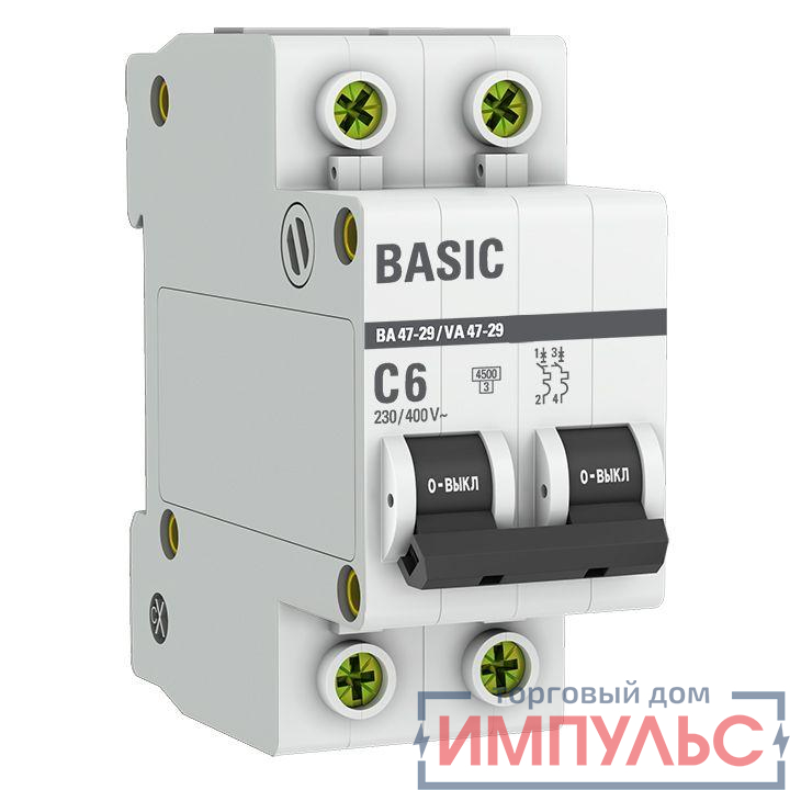 Выключатель автоматический модульный 2п C 6А 4.5кА ВА 47-29 Basic EKF mcb4729-2-06C 0