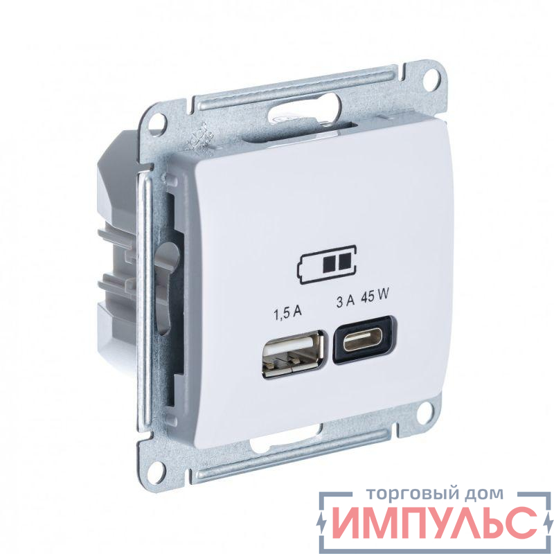 Розетка USB Glossa тип A+C 45Вт QC PD высокоскор. ЗУ механизм бел. SE GSL000129