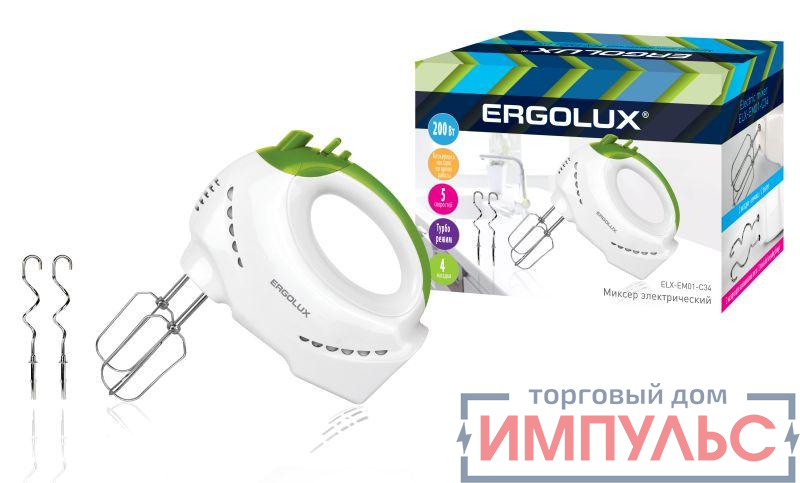 Миксер ручной ELX-EM01-C34 200Вт 220-240В бело-салат. Ergolux 13442