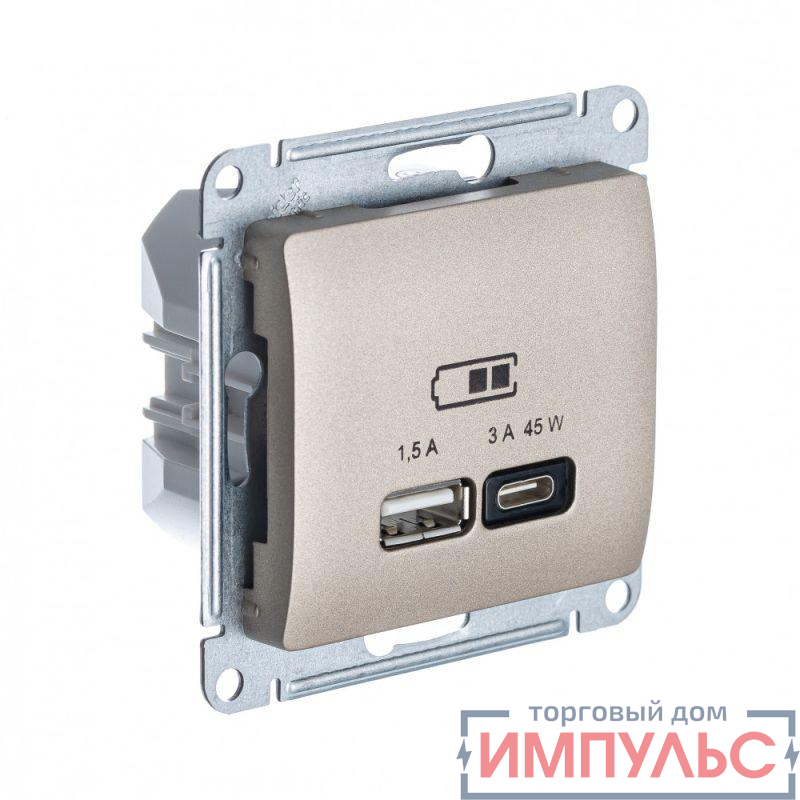 Розетка USB Glossa тип A+C 45Вт QC PD высокоскор. ЗУ механизм титан SE GSL000429