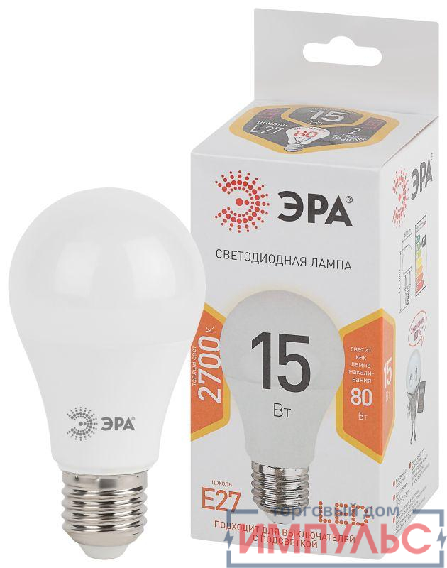 Лампа светодиодная A60-15W-827-E27 грушевидная 1200лм ЭРА Б0020592
